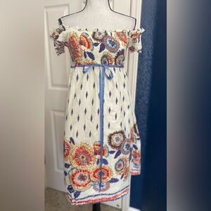 Sugarlips White Off-Shoulder Floral Midi Dress with Blue Tie